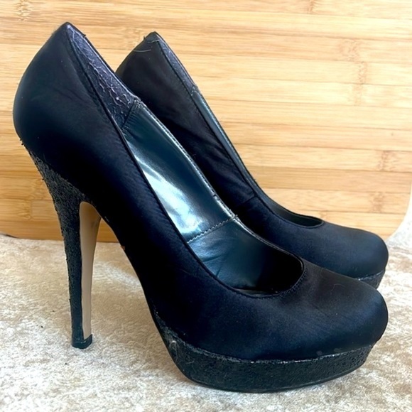 Steve Madden Black 5" High Heels Platform Pumps Satin Black Glitter Sexy Formal - Picture 16 of 16